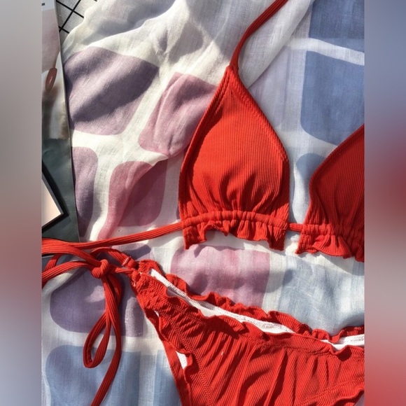 Red Triangle Side Tie Bikini Swimsuit in Red - Picture 4 of 7